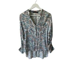 Zara Paisley Print Top Cream Blue Multi Size S Hi-low Roll Tab Sleeves Light